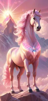 Majestic pink unicorn in a fantasy landscape under the sun.