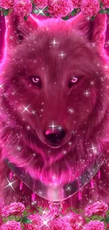 A pink wolf with sparkling stars and flowers.