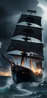 Majestic pirate ship sailing through a stormy ocean with lightning in the sky.