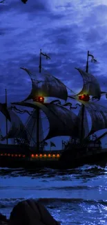 Majestic pirate ship sailing at night under a moonlit sky.