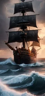 Majestic pirate ship navigating stormy seas with dramatic sky.