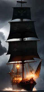 A pirate ship sails through a stormy sea with lightning in the background.