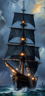 Majestic pirate ship on stormy ocean at night.