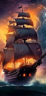 Pirate ship sailing through a storm at sea.