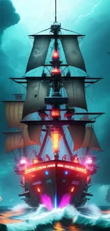 A majestic pirate ship sails through stormy seas with vibrant, glowing elements.