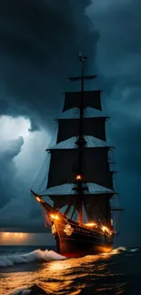 Pirate ship sailing through a storm at night with dramatic clouds above.