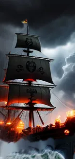 Majestic pirate ship sailing on stormy seas with glowing embers and dramatic skies.