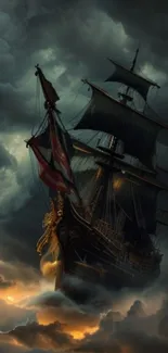 Majestic pirate ship sailing through dramatic stormy seas.