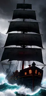 Dark pirate ship sails through stormy seas with crashing waves.