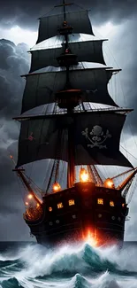 Majestic pirate ship braving a stormy sea, engulfed in dark clouds.