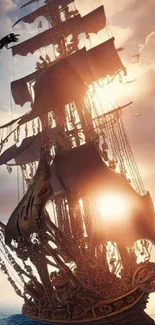 Majestic pirate ship and dragon at sunset over the ocean.