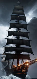 Majestic pirate ship sailing through dark, stormy seas.