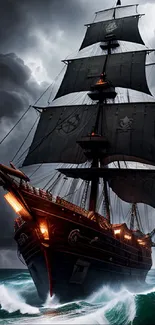 Majestic pirate ship sailing through stormy seas with dark clouds and waves.