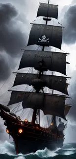 Majestic pirate ship with black sails gliding through stormy seas under a dark, dramatic sky.