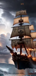 Majestic pirate ship sailing through stormy ocean waves.