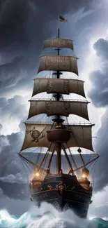 Pirate ship amidst stormy seas with dark clouds and lightning.