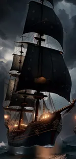 Majestic pirate ship sailing through stormy seas at night.