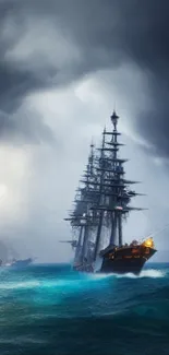 Dramatic dark blue stormy sea with a pirate ship.