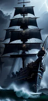 Majestic pirate ship sailing through a stormy ocean.