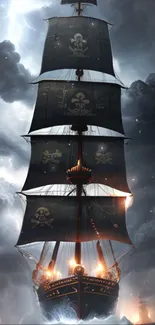 Majestic pirate ship sailing through a stormy sky.