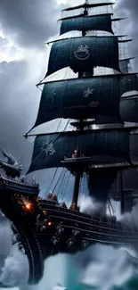 Majestic pirate ship sailing through a stormy sea, featuring dark blue tones.