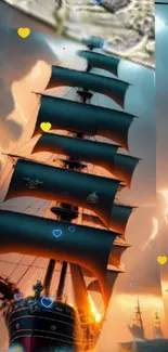 Dynamic pirate ship under a stormy, lightning-filled sky, perfect for mobile wallpaper.