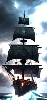 Pirate ship sailing through stormy clouds and ocean waves.