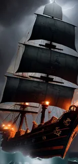 Majestic pirate ship sails through stormy seas with dramatic lighting.