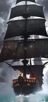 Majestic pirate ship sailing through stormy seas.