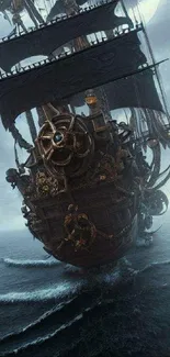 Majestic pirate ship sails through misty ocean under the moonlight.