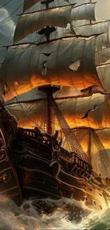 Majestic pirate ship sailing through stormy seas with dramatic lighting.