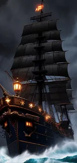 Majestic pirate ship in stormy ocean with dark, dramatic skies.