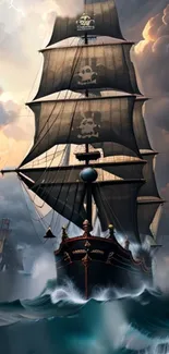 Majestic pirate ship battling stormy seas with dark clouds above.