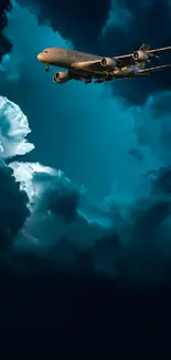 Airplane flying amidst dramatic, stormy clouds in a dark blue sky.