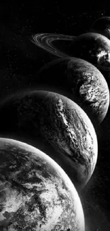 Black and white wallpaper of planets in space.