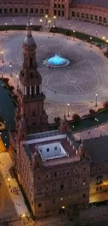 A stunning illuminated plaza at night with a central fountain.