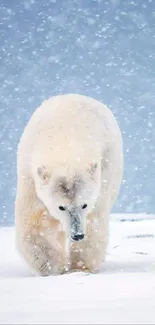 Polar bear walking on snow under falling snowflakes in serene nature setting.