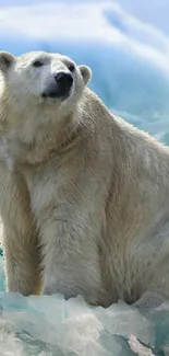 Majestic polar bear sitting on icy landscape.