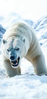 Fierce polar bear in icy mountain landscape