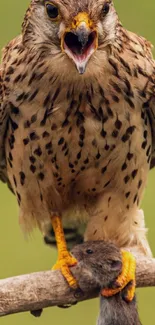 Hawk perched with prey on branch, intense gaze.