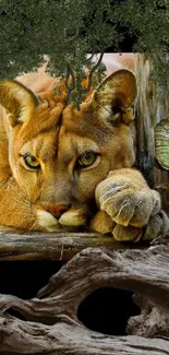 Majestic puma resting on a tree branch with lush green foliage above.