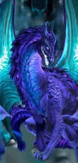 Fantasy artwork of a purple dragon with bright, glowing wings.