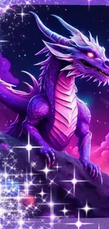 Vibrant purple dragon with stars and magical clouds.