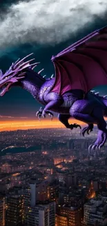 Purple dragon flying over nighttime urban cityscape.