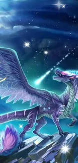 Majestic purple dragon with glowing wings in a cosmic night sky.