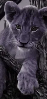 Purple lion cub resting on tree branches, creating a majestic artwork for mobile wallpaper.