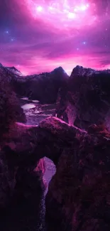 Purple night sky with mountains, cosmic scenery.