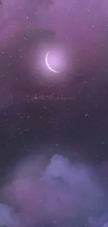 Purple night sky with crescent moon and stars.