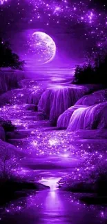 Majestic nightscape with purple waterfalls and starry sky scenery.