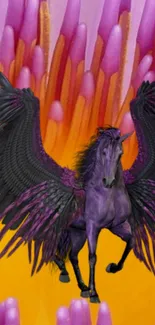 Purple Pegasus with black wings on vibrant orange and pink background.